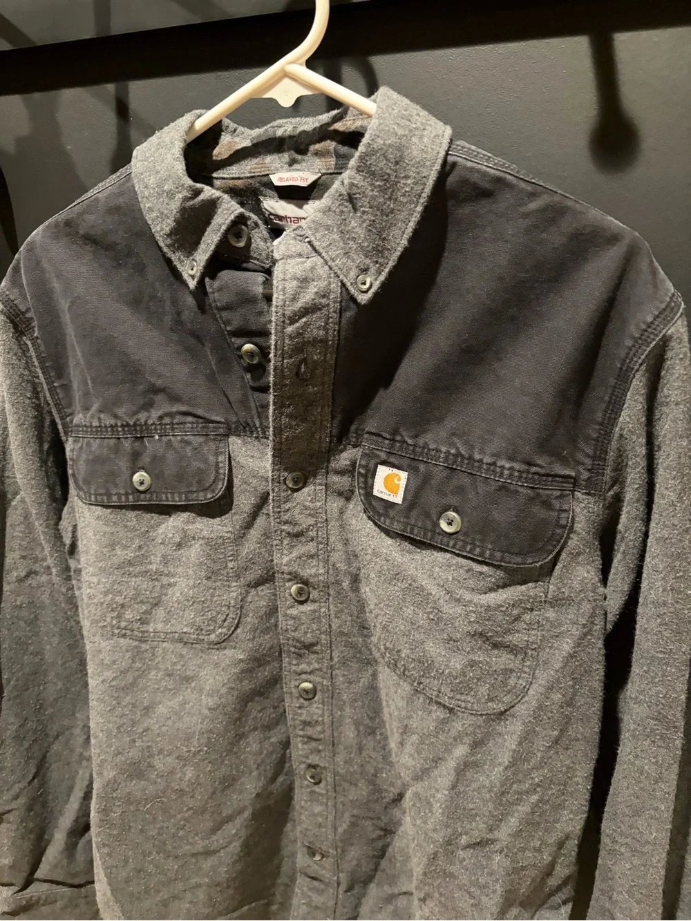 Carhartt Men's Medium Charcoal Gray Black Long Sleeve Button Up 🔥 Pad Elbows